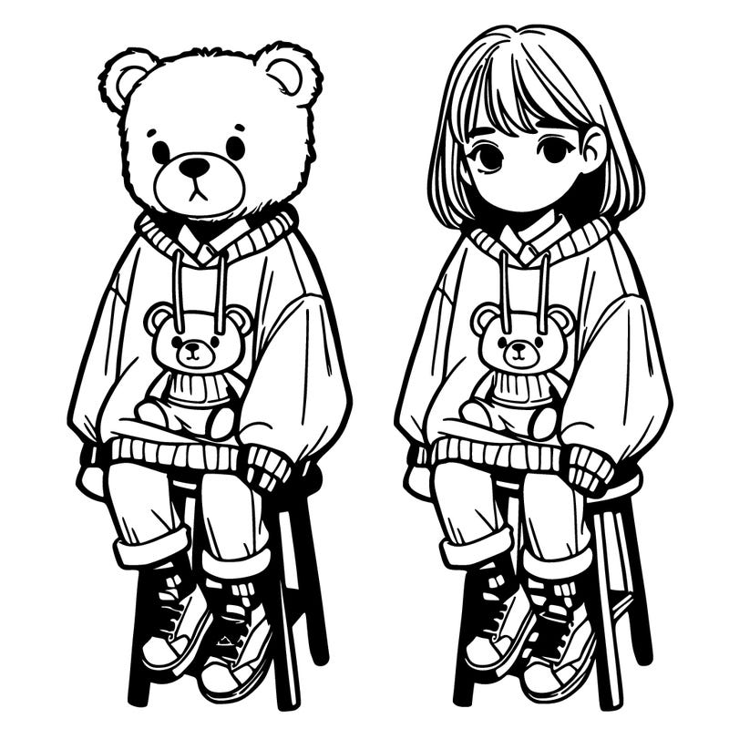 girl in a teddy bear s baggy sweatshirt sitting on a stool