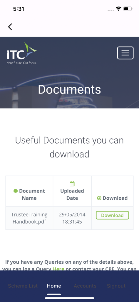 ITC Client Portal documents screen showing a downloadable Trustee Training Handbook with upload date