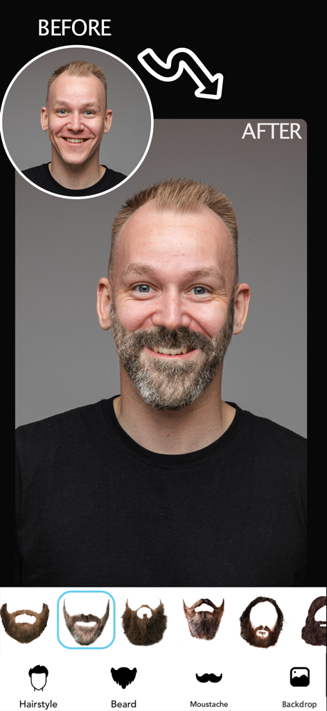 HairStyle Makeover Changer App - Comparación de antes y después de un hombre usando la función de prueba de barba en la app Cambiador de Look Capilar.