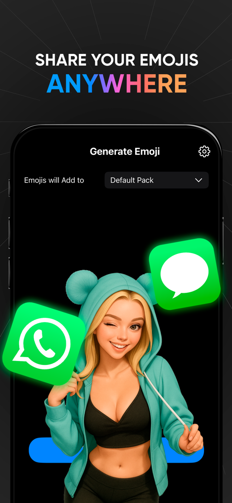 XMoji - Dirty AI Emoji Maker - XMoji app interface showing a winking AI character with WhatsApp and iMessage icons for emoji sharing