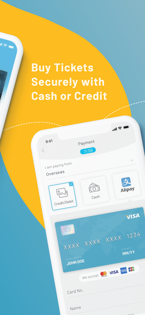 Ticketmelon - Pantalla de la aplicación móvil Ticketmelon que muestra opciones de pago seguras para tarjetas de crédito y efectivo