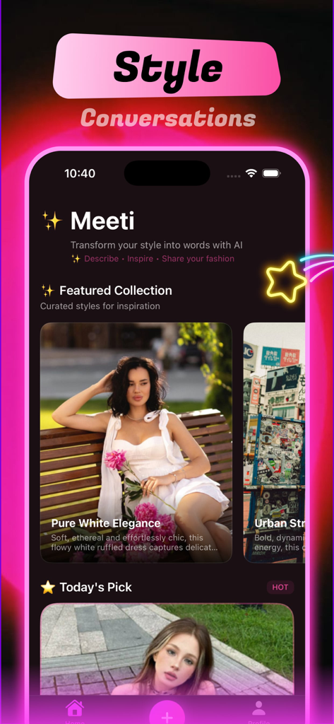 Meeti - Discover & Enjoy - Interface de l'application Meeti affichant des collections de mode en vedette et des descriptions de style générées par IA