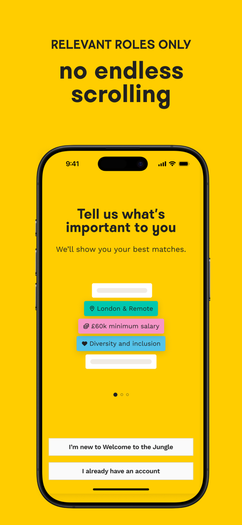 Welcome to the Jungle (Otta) - Welcome to the Jungle app interface showing job search preference settings including location salary and company values