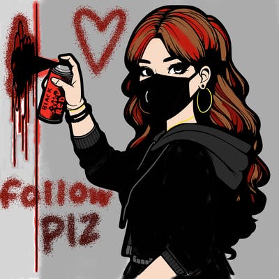 realistic girl with mask spray painting a wall