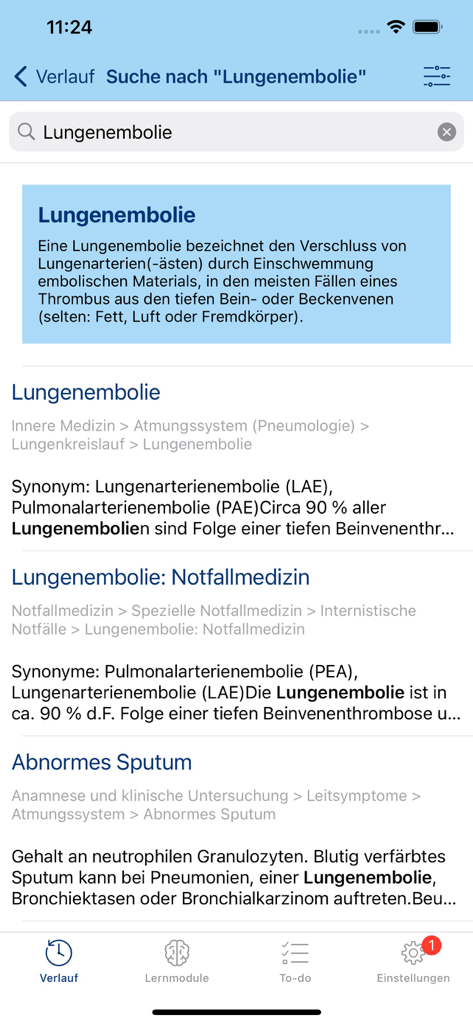 via medici WISSEN TO GO - Resultados de busca para embolia pulmonar no aplicativo médico via medici mostrando definições clínicas e módulos de estudo