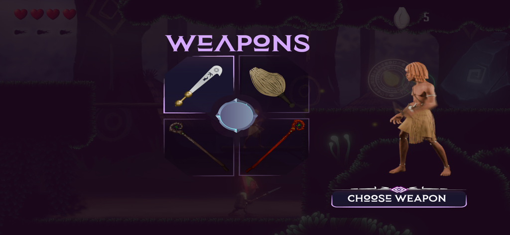 Anokye - Weapon selection menu in the Anokye game featuring traditional Asante weapons and the main character