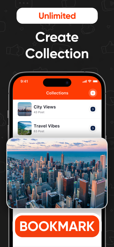 YouGet - Video Saver - Interface do aplicativo YouGet mostrando coleções de vídeos de vistas de cidade e vibrações de viagem com um grande botão de marcador laranja