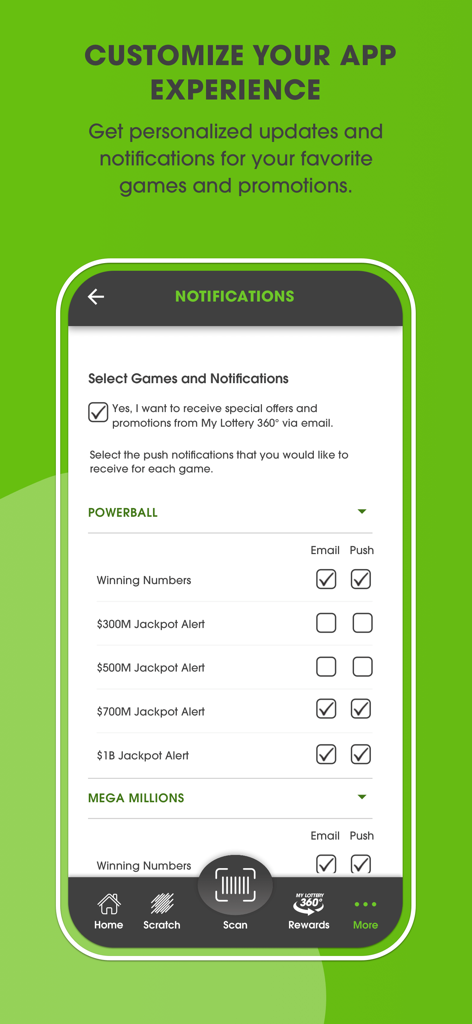 Notification settings screen in the Washington Lottery app for jackpot alerts