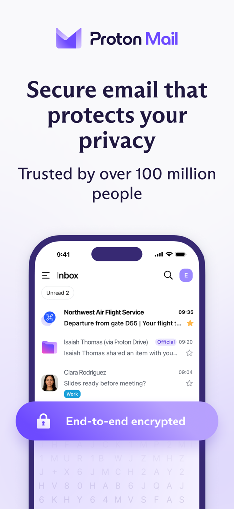 Proton Mail app interface showing end-to-end encrypted inbox and privacy protection message