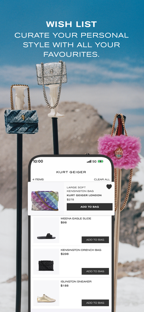 Kurt Geiger: Shop Shoes & Bags - Kurt Geiger app interface showing a wishlist of luxury shoes and handbags
