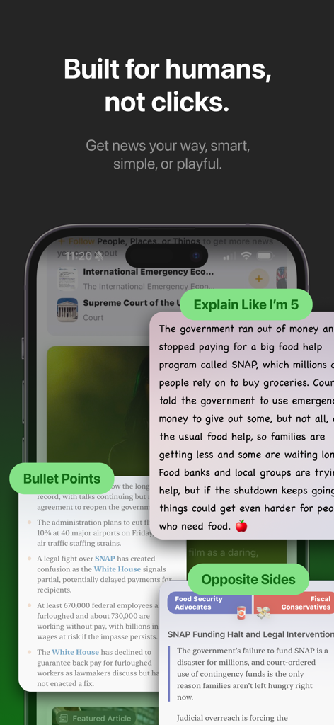 Interface of Particle news app displaying AI summaries and balanced perspectives.