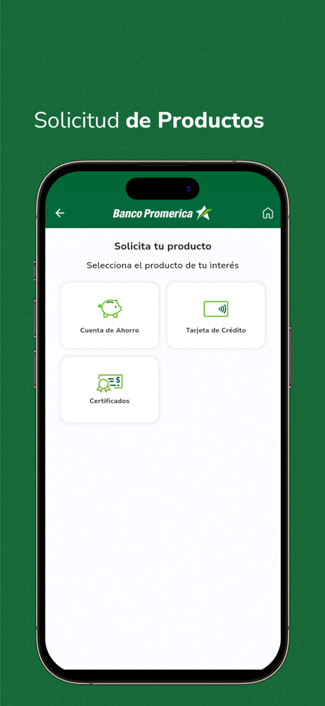Bildschirm der Promerica Banking-App mit Optionen zur Beantragung von Sparkonten, Kreditkarten und Zertifikaten