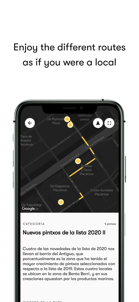 Pintxos - Map view of a curated local pintxo route in San Sebastian within the Pintxos app