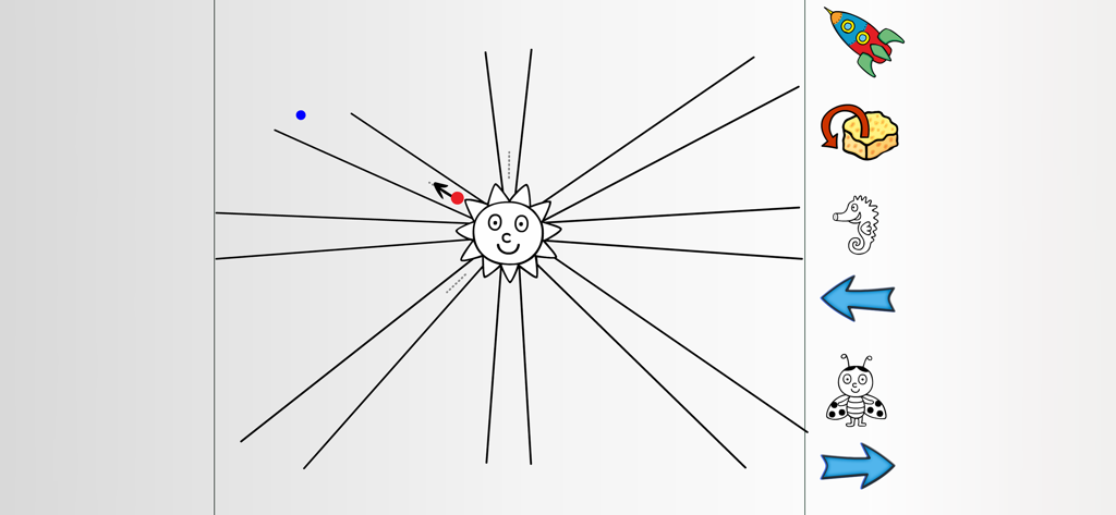 Graphomotor Skills - Bildschirm einer Lern-App, der eine Sonne mit geraden Strahlen zeigt, die Kinder mit einem geführten roten Punkt nachzeichnen können