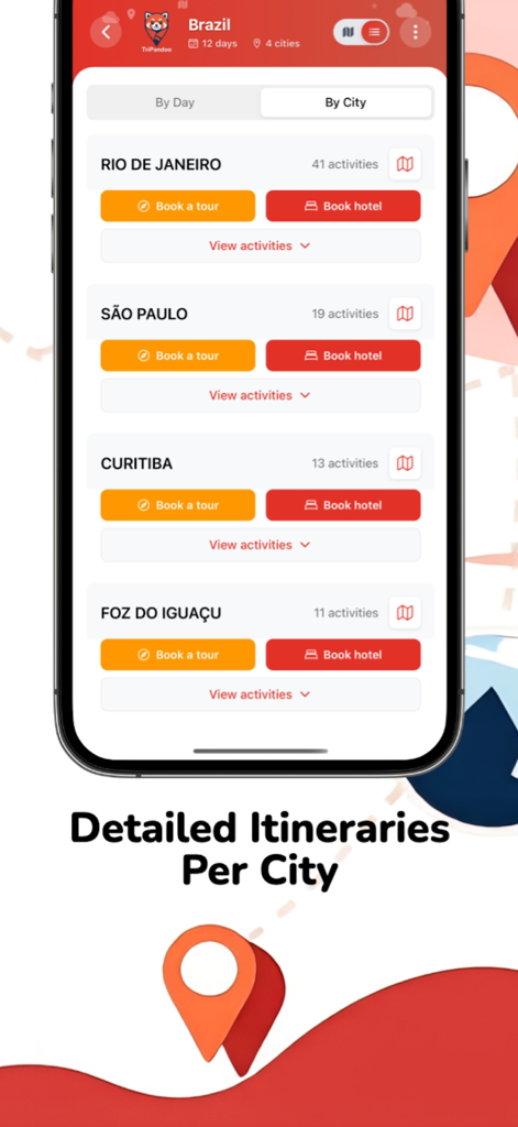 Tripandoo: Smart Trip Planner - Tripandoo App-Oberfläche zeigt eine Mehrtagesreise für Brasilien mit Schaltflächen zum Buchen von Touren und Hotels für Rio de Janeiro und Sao Paulo.