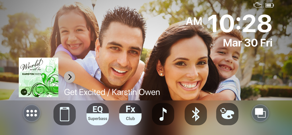 Pioneer Smart Sync dashboard interface with family background and audio controls