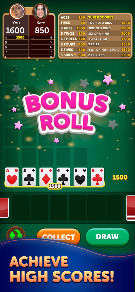 Interface du jeu mobile Farkle Cards montrant un lancer bonus avec une séquence de cartes droites et des combinaisons de score élevées.