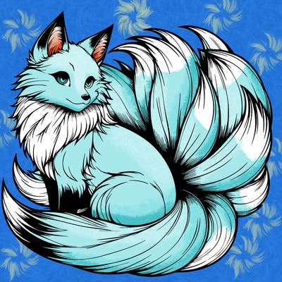 realistic detailed 9 tailed anime fox