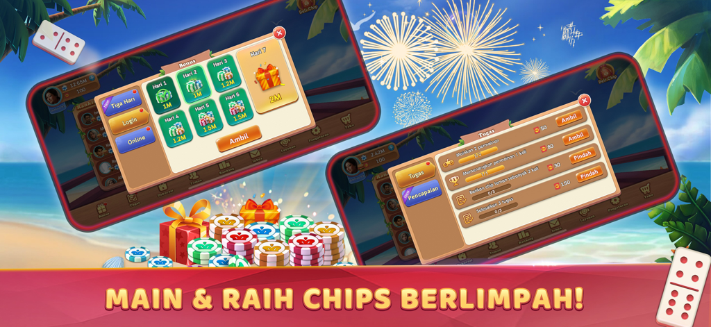 Domino QiuQiu 99: Gaple Online - Interfaz del juego móvil Domino QiuQiu 99 que muestra bonificaciones diarias y recompensas de logros