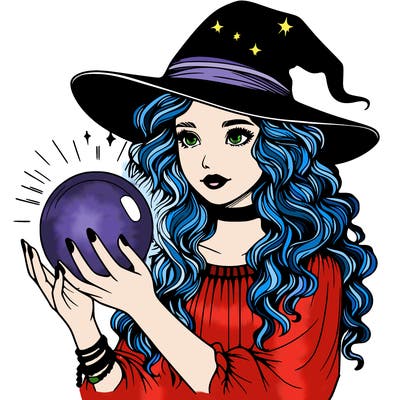 realistic girl with a witch hat and wavy hair on her head touching a orb