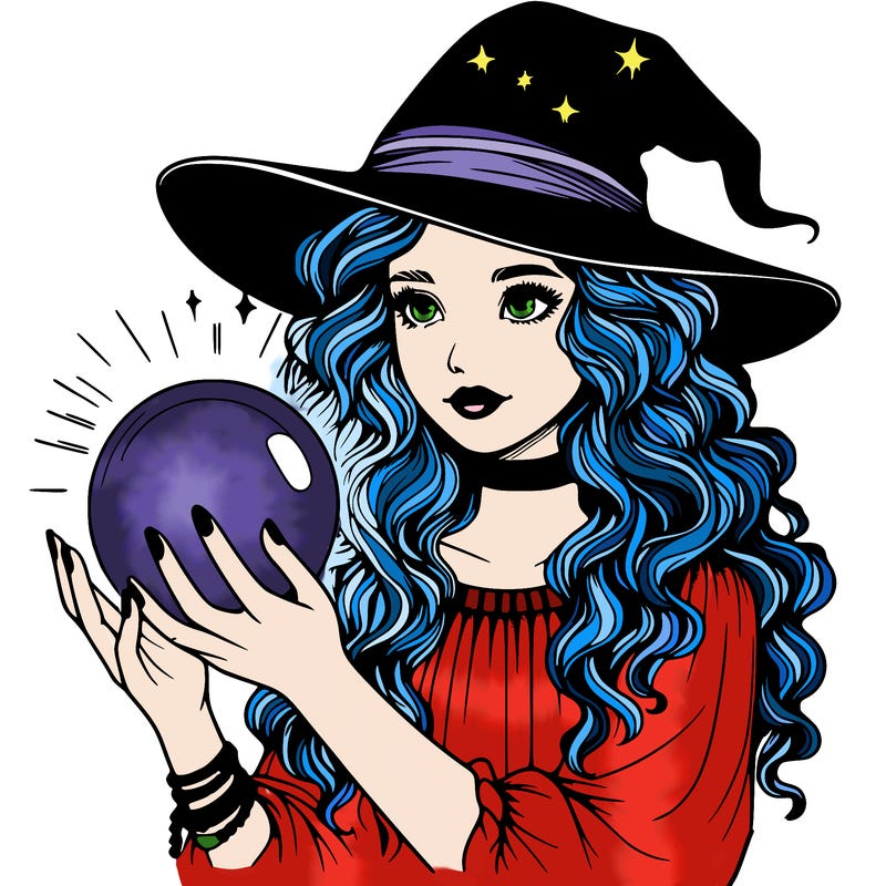realistic girl with a witch hat and wavy hair on her head touching a orb