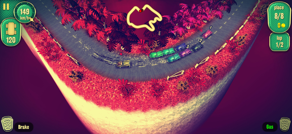 Vintage cars racing on a narrow winding cliffside road with stylized red foliage