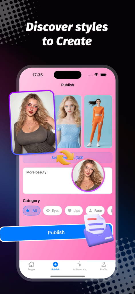 A mobile interface for sharing and categorizing festival makeup styles in the Beego app.