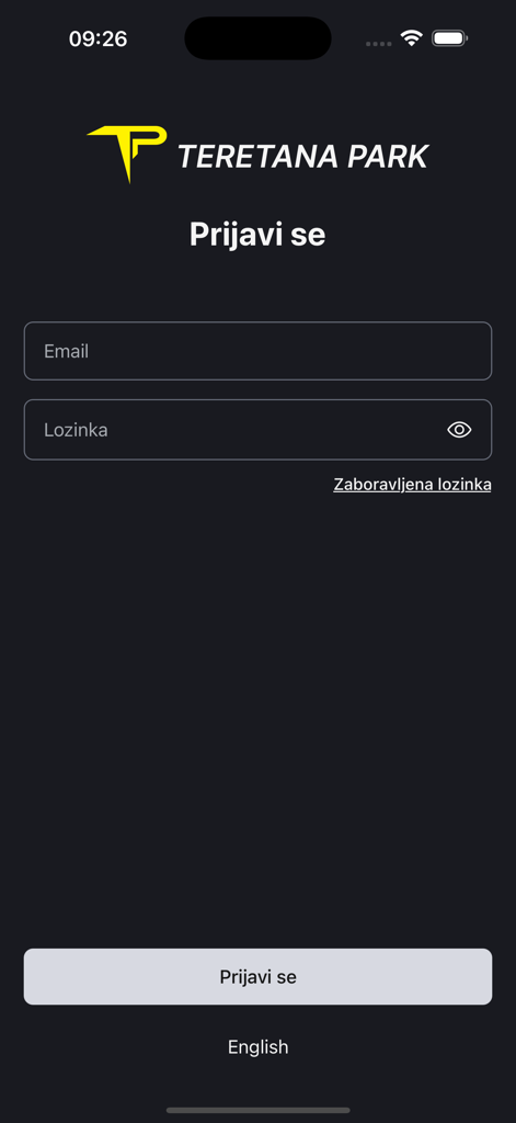 Teretana Park - Schermata di login dell'app Teretana Park con campi di inserimento email e password per il check-in dei membri