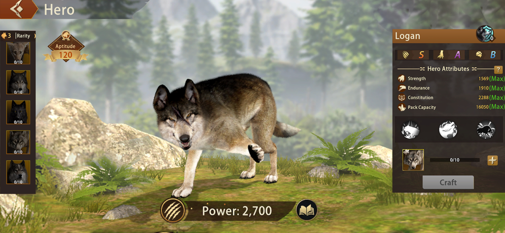 Wolf Game: Wild Animal Wars - A character profile screen in Wolf Game featuring a wolf named Logan with stats like strength and power