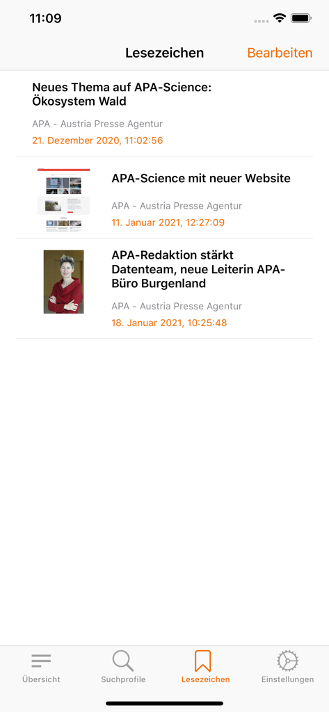 APA-OTS - Bookmarks screen in the APA-OTS app showing a list of saved news articles and press releases