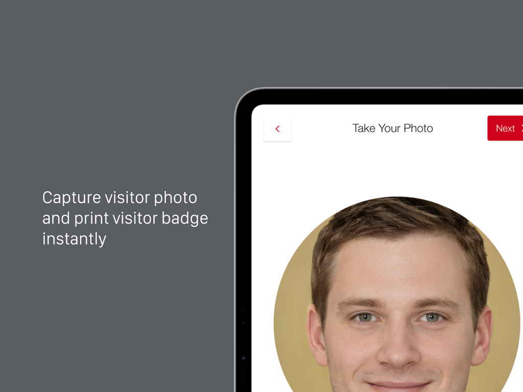 iPad-Bildschirm mit der Benutzeroberfläche zur Fotoerfassung des Besuchers in der Teamgo Besuchermanagement-Kiosk-App.