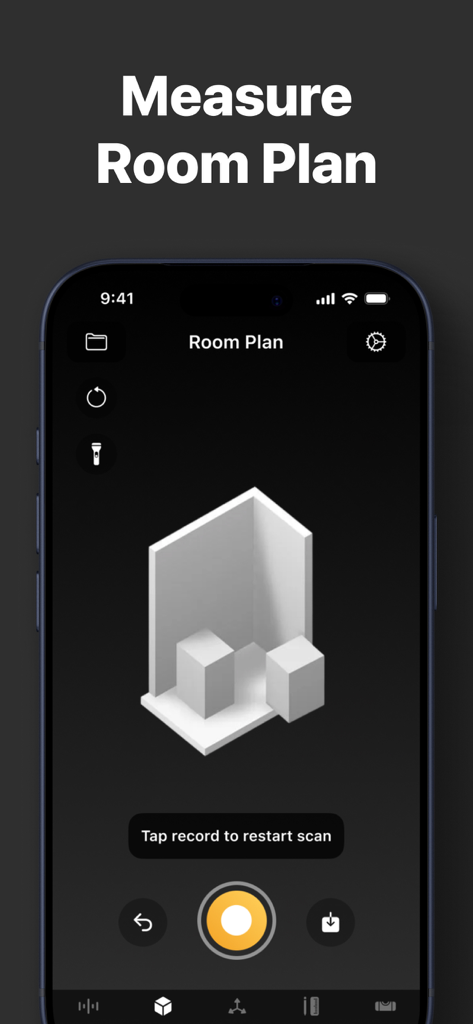 A mobile app interface displaying a 3D room plan measurement feature