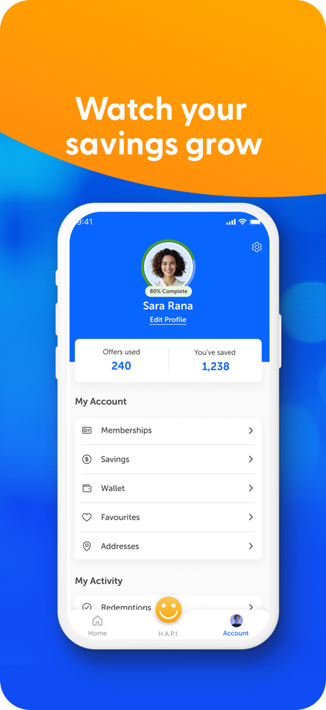 The ENTERTAINER - L'écran du compte de l'application ENTERTAINER affiche un suivi des économies avec le total des offres utilisées et l'argent économisé.