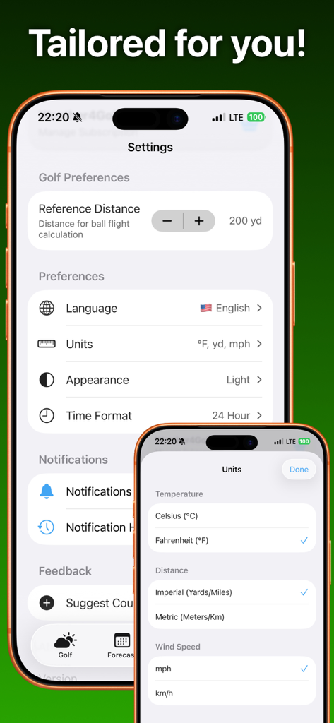 Golf Weather – Weather4Golf - Screenshots of the Golf Weather app settings and unit selection menus for personalizing the experience.