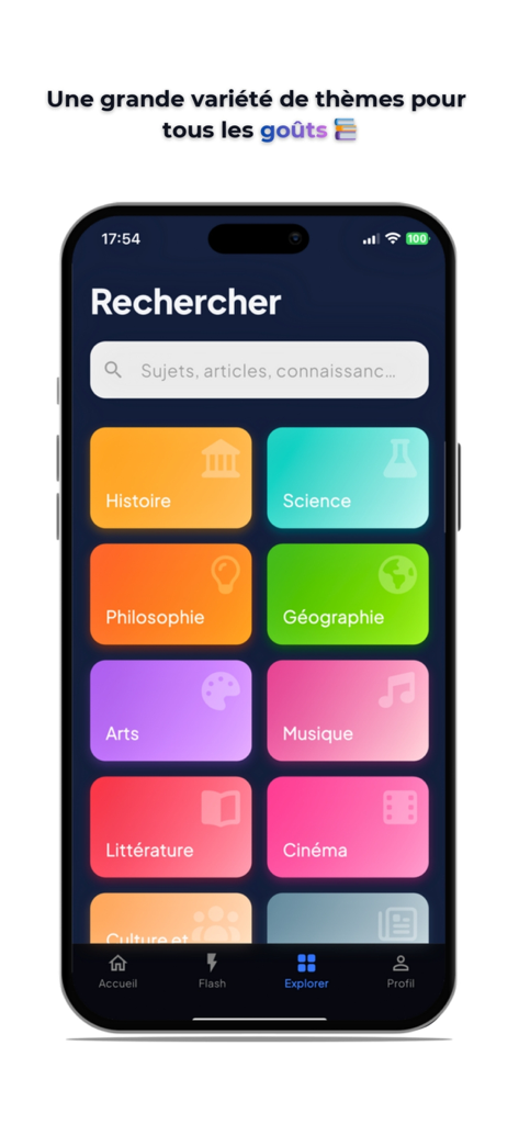 The search screen of Cogito App displaying a colorful mosaic of educational themes like science and history