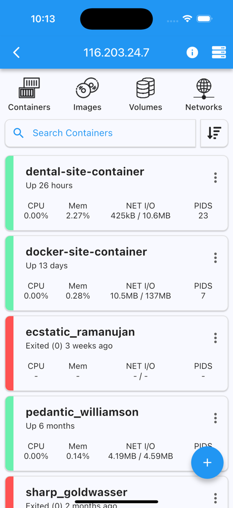 Mobile application interface showing a list of Docker containers with real-time status and resource usage statistics