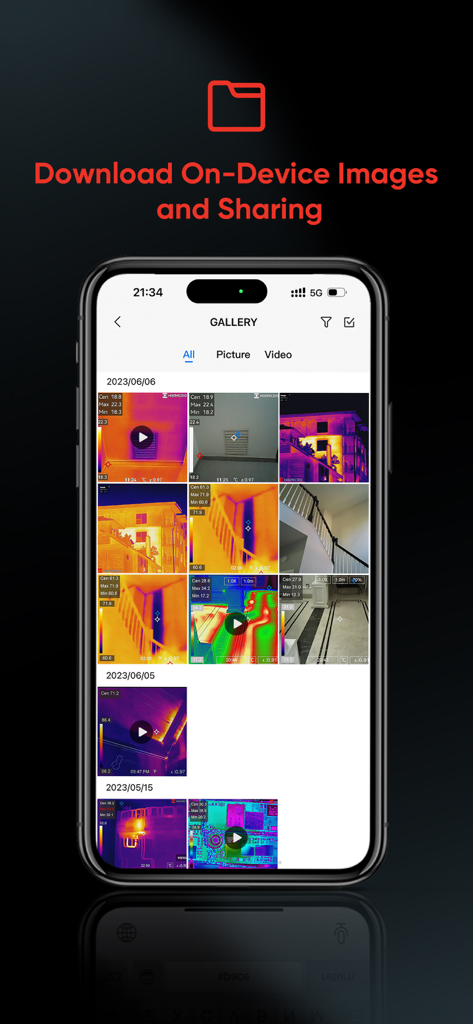 A smartphone showing the HIKMICRO Viewer app gallery filled with thermal imaging photos and videos of buildings