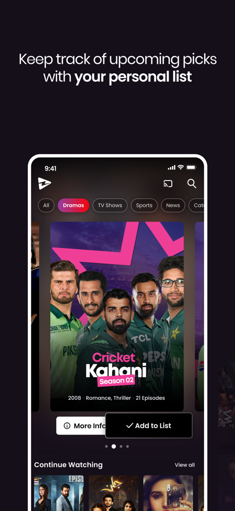 ARY ZAP mobile app interface featuring a personal list option and categories for dramas and sports