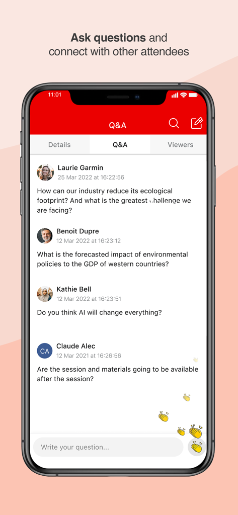 Mercuria Group - Um smartphone mostrando a seção de perguntas e respostas do aplicativo Mercuria Group, onde os participantes do evento podem fazer perguntas e interagir.