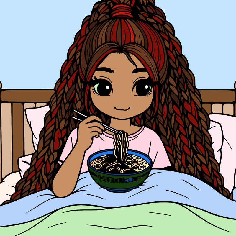 girl with long box braids eating ramen in bed
