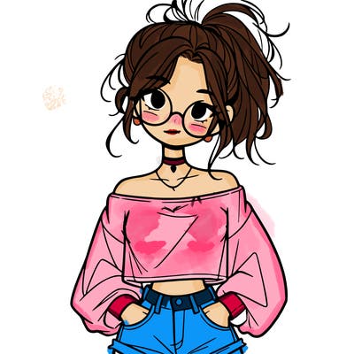 girl with a messy ponytail glasses a baggy crop top and jean shorts