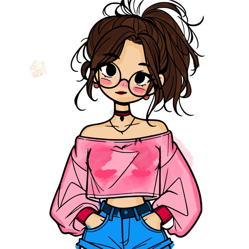 girl with a messy ponytail glasses a baggy crop top and jean shorts