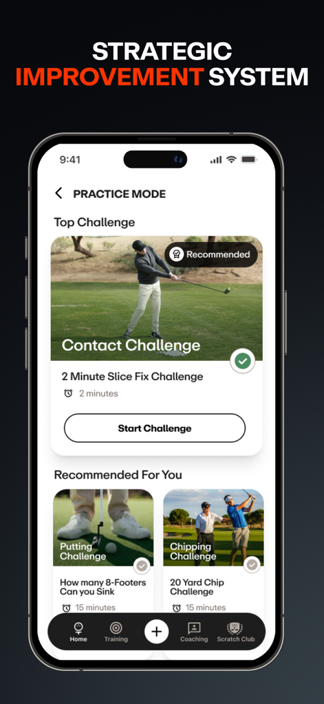 Performance Golf AI Swing Fix - 연습 모드 및 기술 챌린지가 포함된 전략적 개선 시스템을 표시하는 Performance Golf 앱 인터페이스