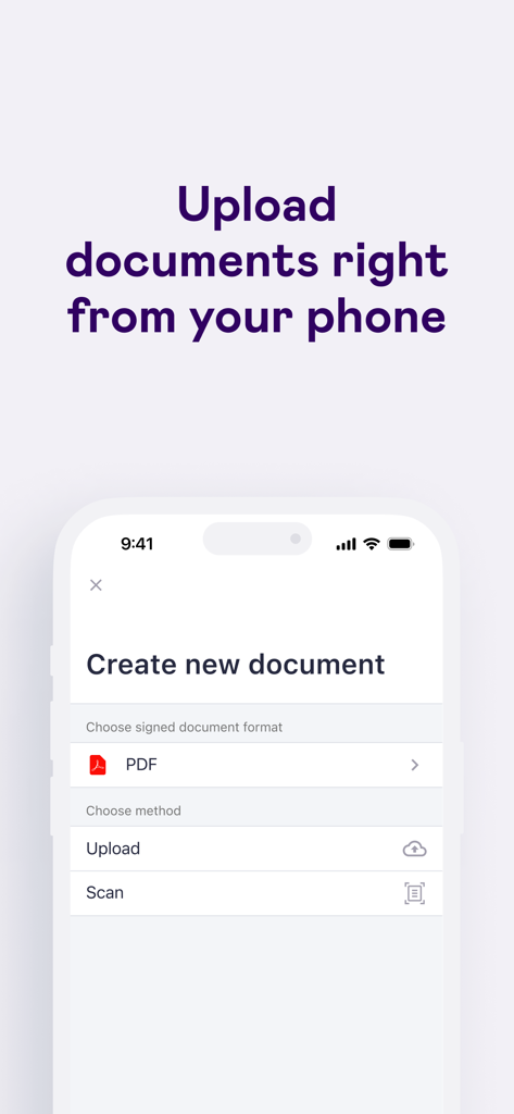 Interface of Dokobit app showing the create new document screen with upload and scan options