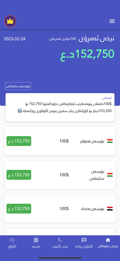 Interface de l'application Dollar Market affichant les taux de change de 100 dollars américains à dinars irakiens sur les marchés d'Erbil, Sulaymaniyah et Bagdad.