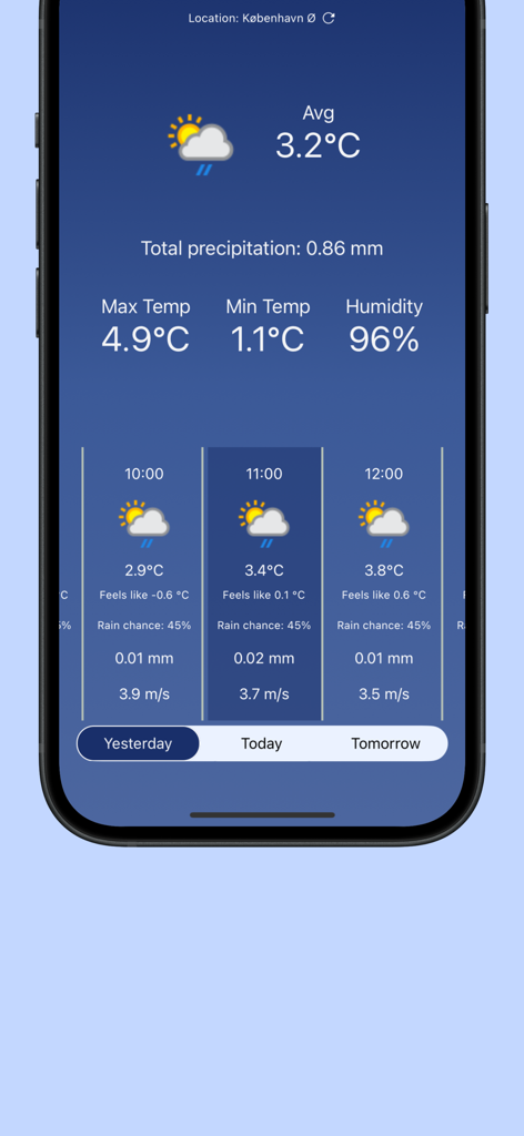Weather Wear - Pantalla de la aplicación Weather Wear que muestra los datos y estadísticas del clima de ayer