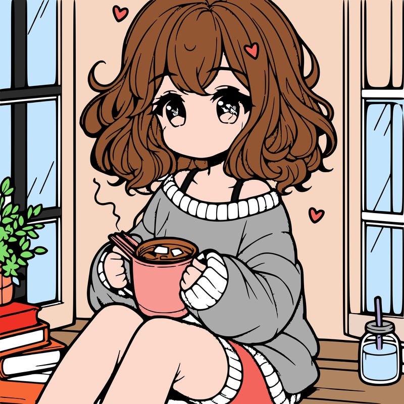 cute anime girl reading book and drinking hot chocolate from mug with loose wavy hair wearing a baggy sweatshirt and shorts sitting by windowsill looking out