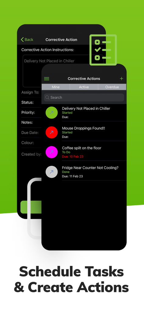 Safe Food Pro - Interface of Safe Food Pro showing a list of scheduled corrective actions for food safety management.