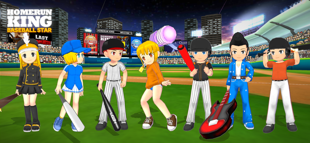 Homerun King™ - Baseball Star - Seven anime-style characters in custom outfits and holding unique baseball bats on a stadium field.