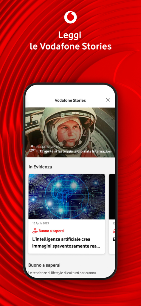 A interface Vodafone Stories no aplicativo exibindo artigos de notícias sobre tecnologia e inovação.